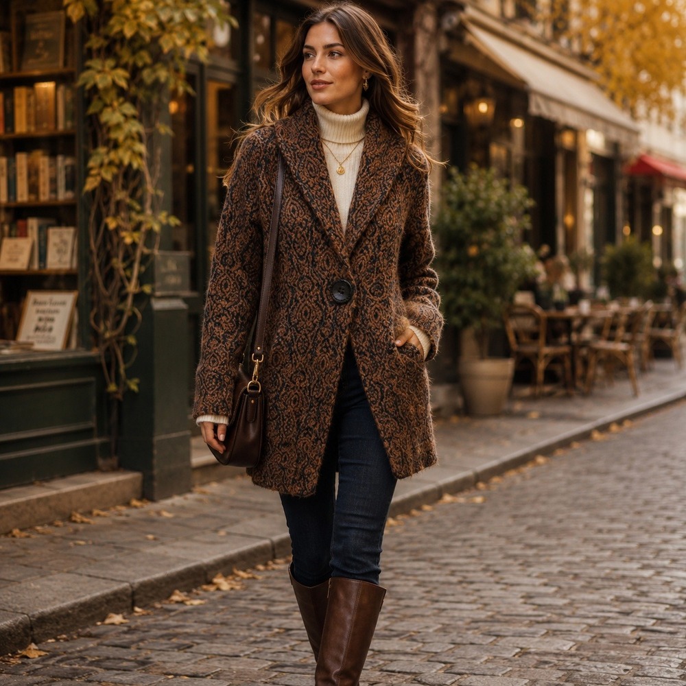 Damask Brown Black Paisley Knit Longline Cardigan Sweater Shawl Collar Coatigan